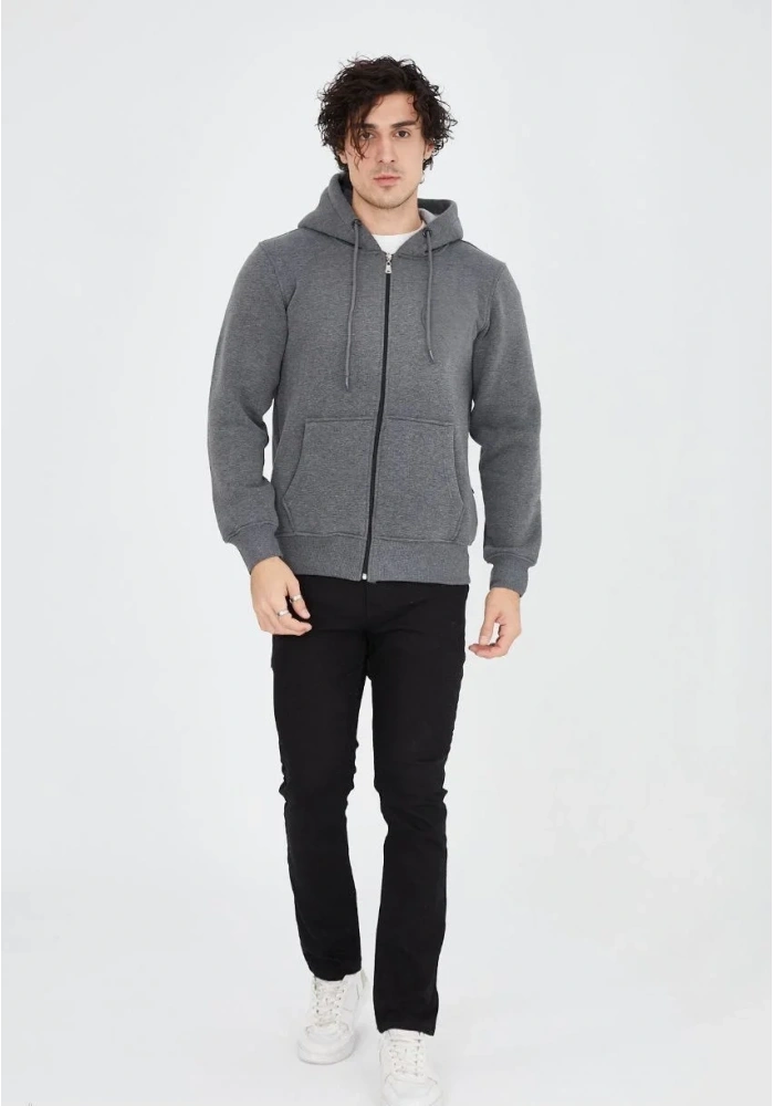 Erkek 3 İplik Pamuklu Kapüşonlu Tam Fermuarlı Cepli Hoodie Sweatshirt - Füme