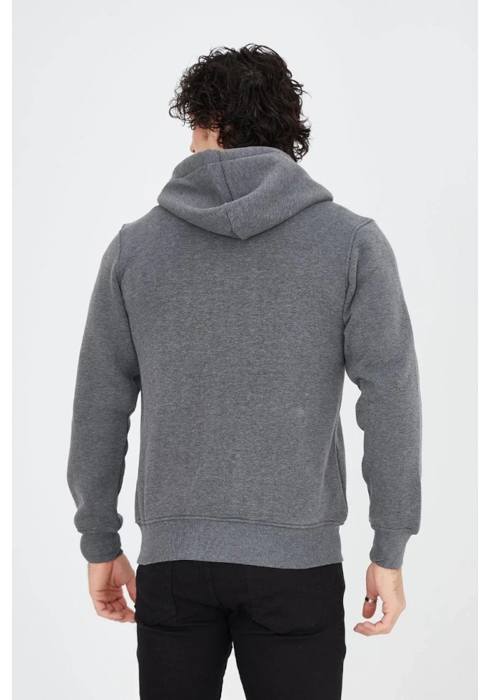 Erkek 3 İplik Pamuklu Kapüşonlu Tam Fermuarlı Cepli Hoodie Sweatshirt - Füme