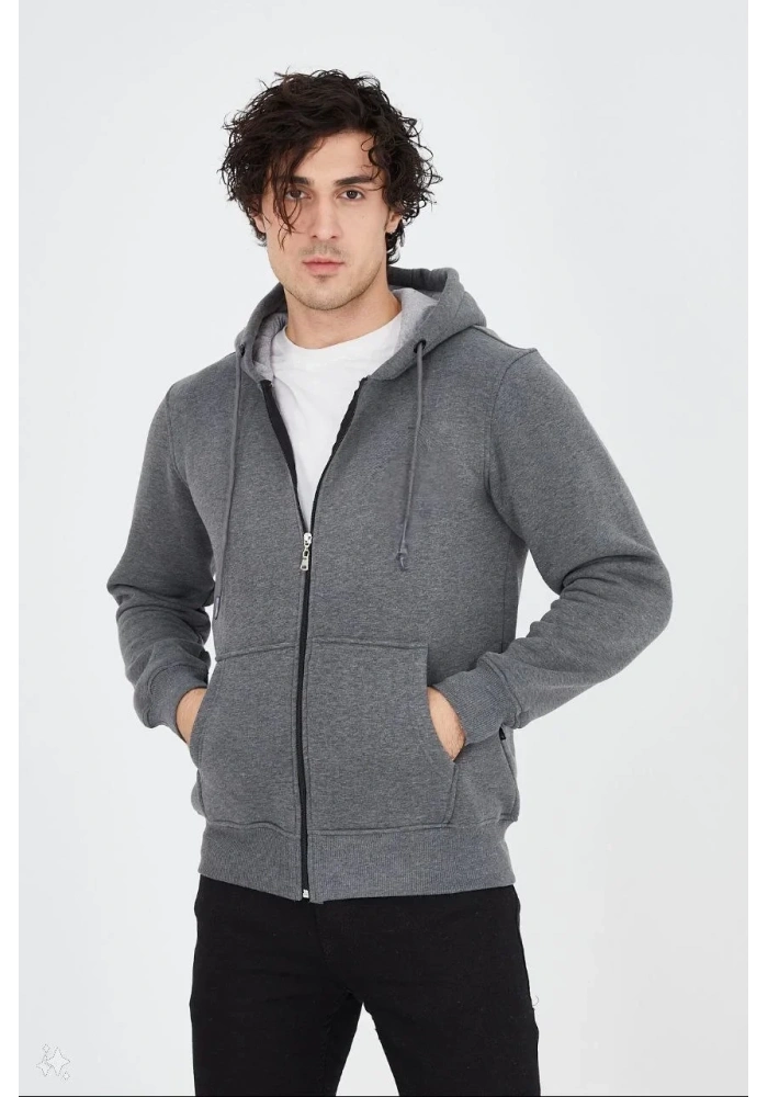 Erkek 3 İplik Pamuklu Kapüşonlu Tam Fermuarlı Cepli Hoodie Sweatshirt - Füme