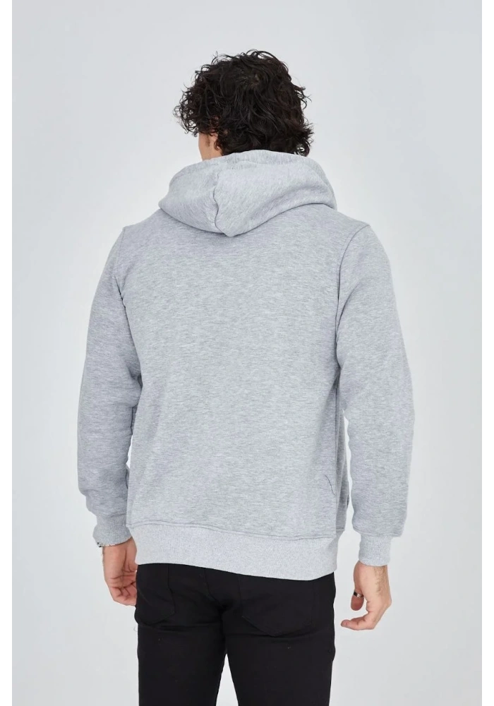 Erkek 3 İplik Pamuklu Kapüşonlu Tam Fermuarlı Cepli Hoodie Sweatshirt - Gri
