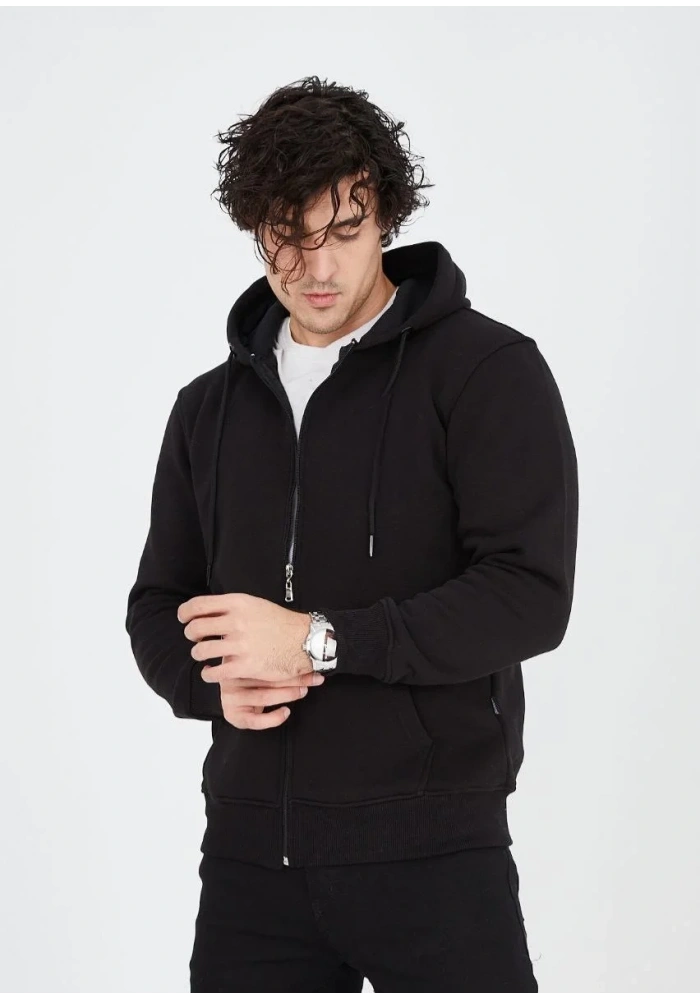 Erkek 3 İplik Pamuklu Kapüşonlu Tam Fermuarlı Cepli Hoodie Sweatshirt - Siyah