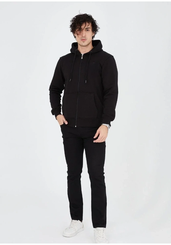 Erkek 3 İplik Pamuklu Kapüşonlu Tam Fermuarlı Cepli Hoodie Sweatshirt - Siyah