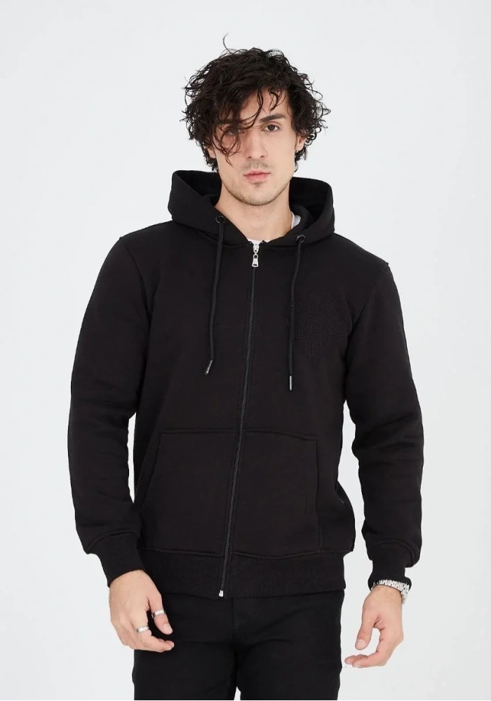 Erkek 3 İplik Pamuklu Kapüşonlu Tam Fermuarlı Cepli Hoodie Sweatshirt - Siyah