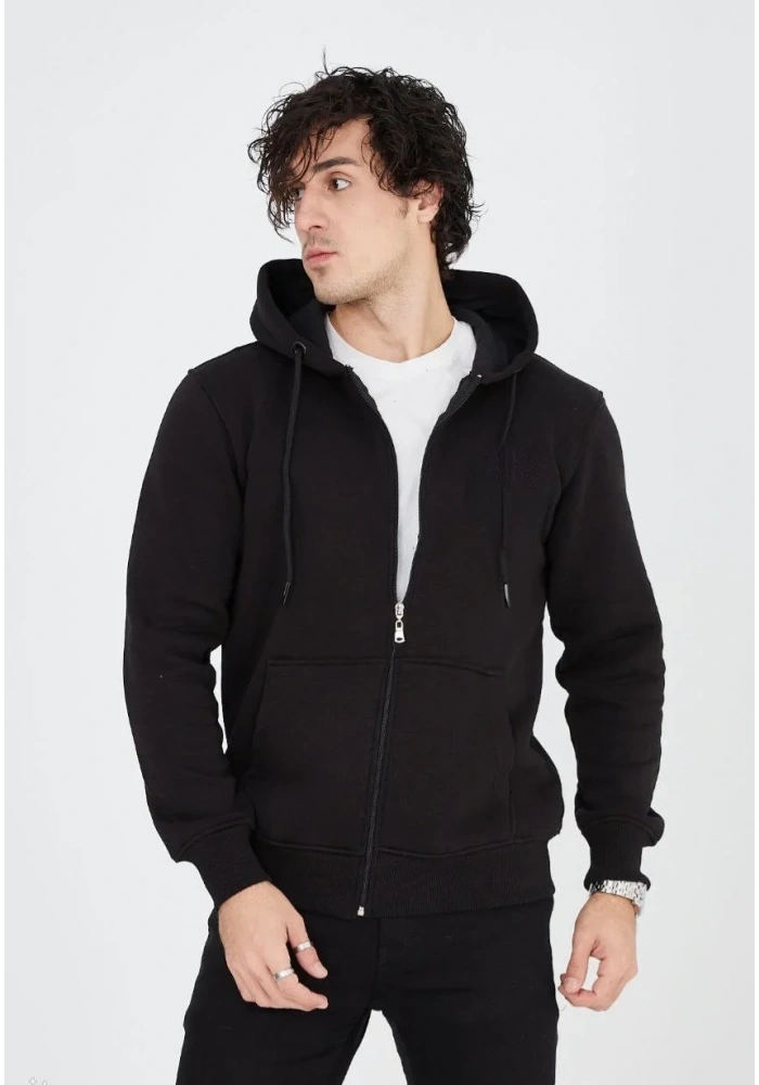 Erkek 3 İplik Pamuklu Kapüşonlu Tam Fermuarlı Cepli Hoodie Sweatshirt - Siyah