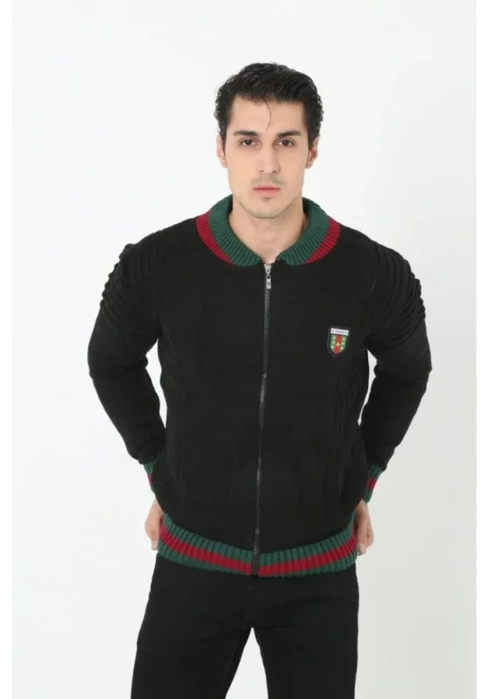 Erkek Tam Fermuarlı Triko Hırka - Siyah