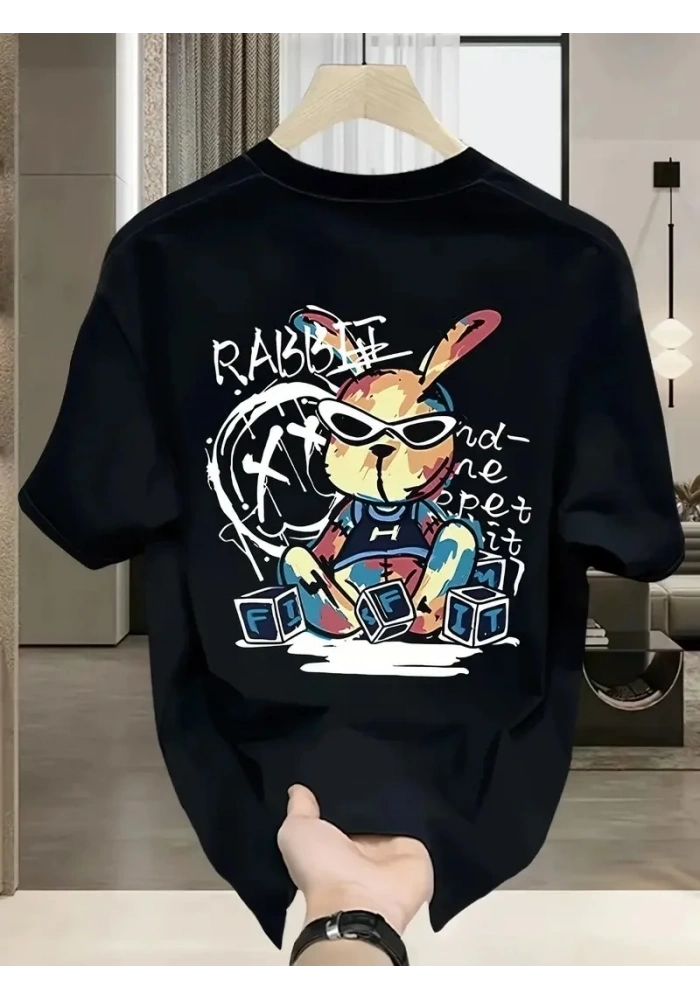 Erkek T-shirt Tavşan Baskılı Kısa Kollu Tişört - Siyah