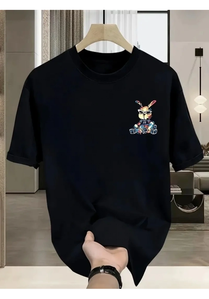 Erkek T-shirt Tavşan Baskılı Kısa Kollu Tişört - Siyah