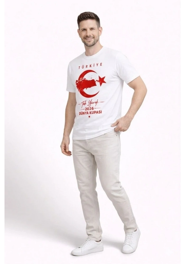 Erkek TÜRKİYE Ay Yıldız Baskılı Taraftar Forma T-Shirt - Beyaz