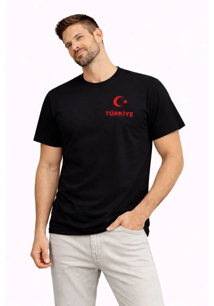 Erkek TÜRKİYE Ay Yıldız Baskılı Taraftar Forma T-Shirt - Siyah
