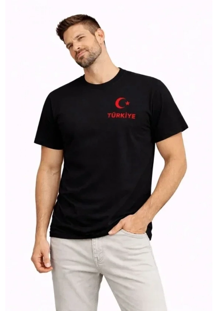 Erkek TÜRKİYE Ay Yıldız Baskılı Taraftar Forma T-Shirt - Siyah