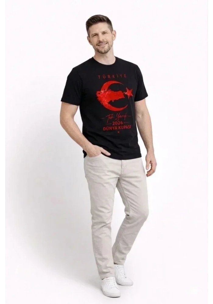 Erkek TÜRKİYE Ay Yıldız Baskılı Taraftar Forma T-Shirt - Siyah