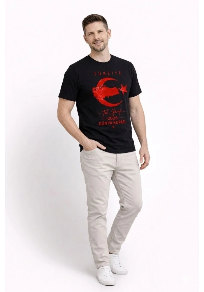 Erkek TÜRKİYE Ay Yıldız Baskılı Taraftar Forma T-Shirt - Siyah