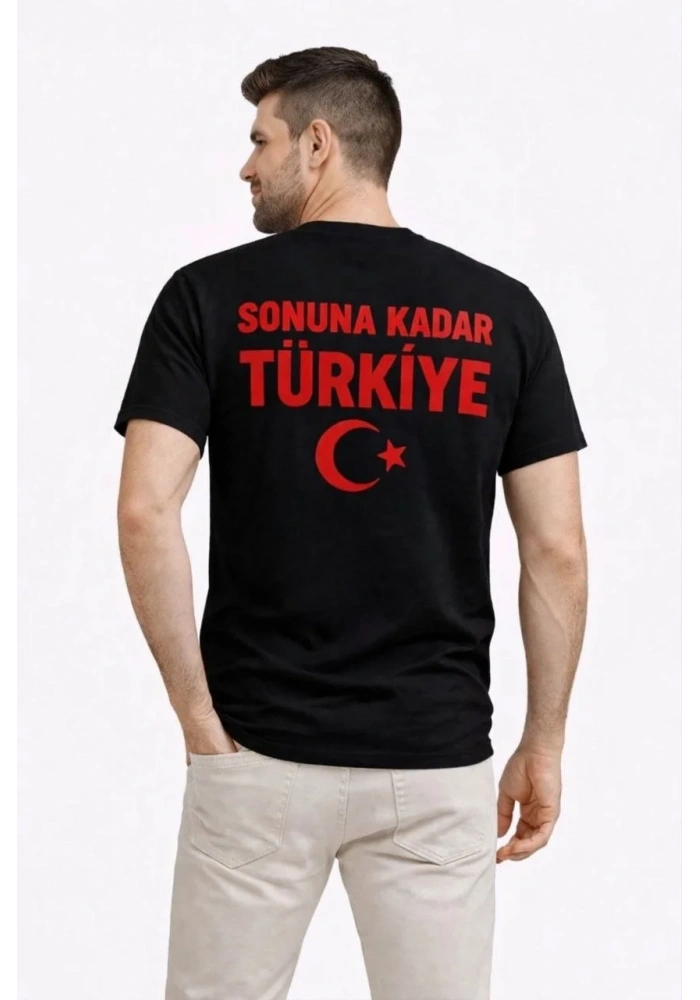 Erkek TÜRKİYE Ay Yıldız Baskılı Taraftar Forma T-Shirt - Siyah