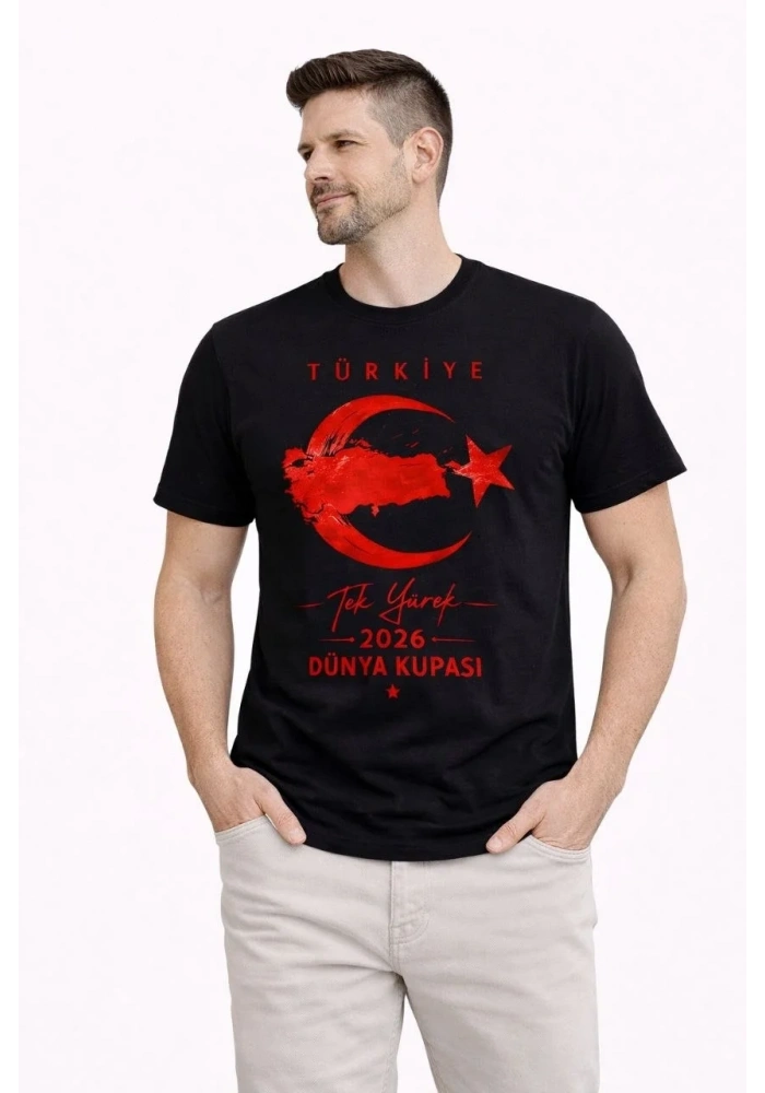 Erkek TÜRKİYE Ay Yıldız Baskılı Taraftar Forma T-Shirt - Siyah