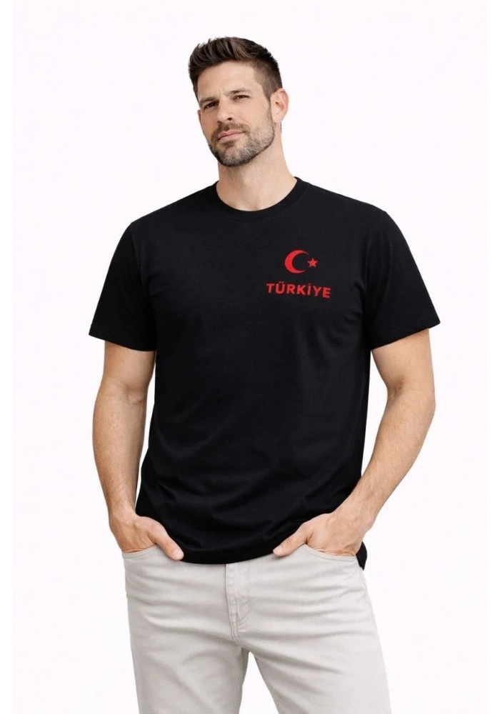 Erkek TÜRKİYE Ay Yıldız Baskılı Taraftar Forma T-Shirt - Siyah