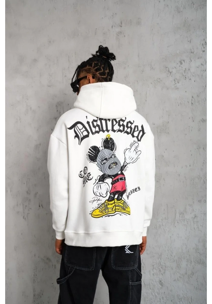 Erkek 3 İplik Pamuklu Kapüşonlu Baskılı Cepli Oversize Sweatshirt Hoodie - Beyaz