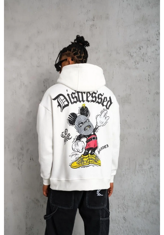 Erkek Üç İplik Baskılı Kapüşonlu Sweat - Beyaz