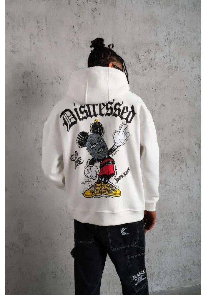 Erkek 3 İplik Pamuklu Kapüşonlu Baskılı Cepli Oversize Sweatshirt Hoodie - Beyaz