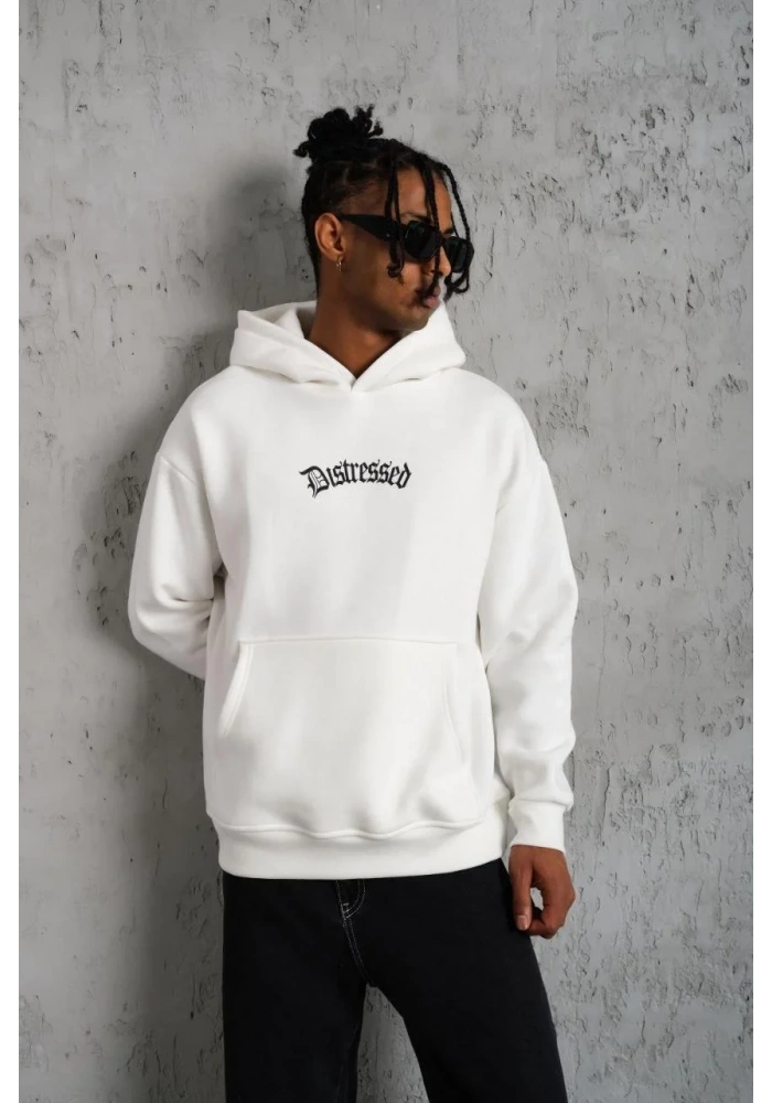 Erkek 3 İplik Pamuklu Kapüşonlu Baskılı Cepli Oversize Sweatshirt Hoodie - Beyaz