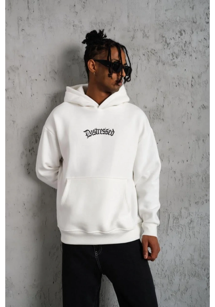 Erkek Üç İplik Baskılı Kapüşonlu Sweat - Beyaz