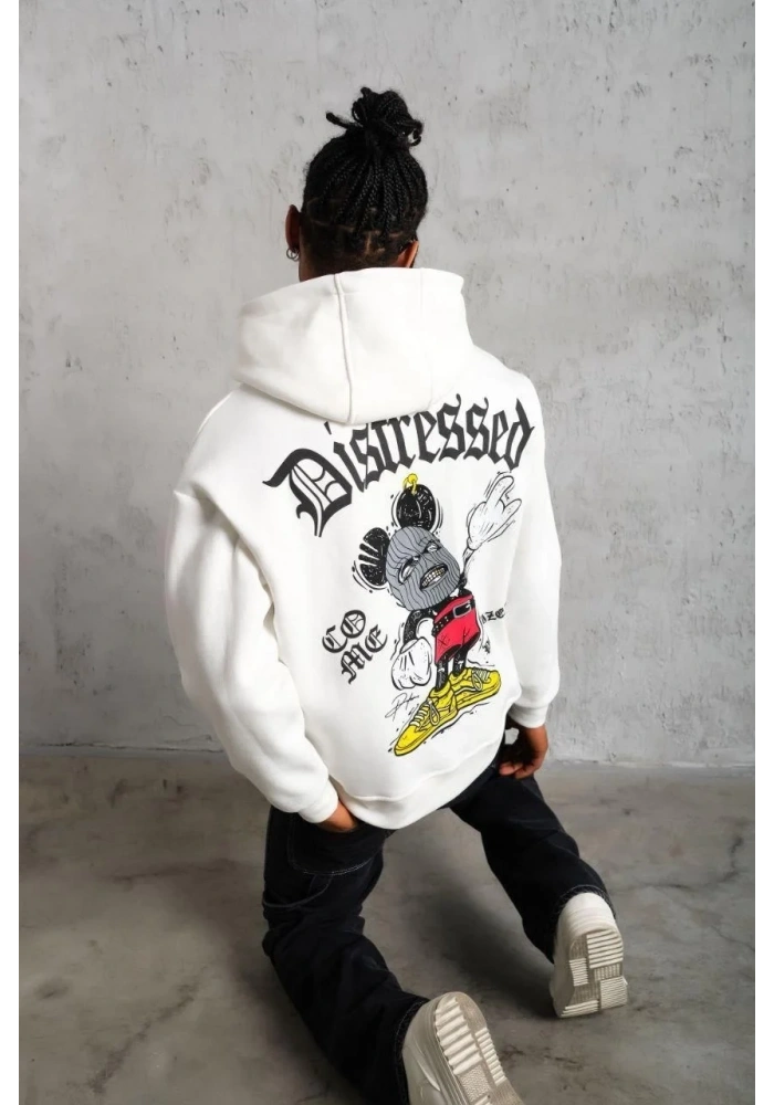 Erkek 3 İplik Pamuklu Kapüşonlu Baskılı Cepli Oversize Sweatshirt Hoodie - Beyaz