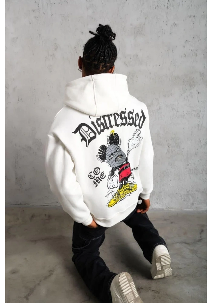 Erkek Üç İplik Baskılı Kapüşonlu Sweat - Beyaz