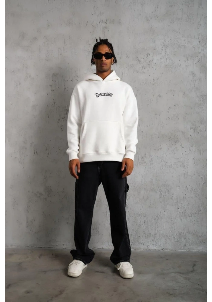 Erkek 3 İplik Pamuklu Kapüşonlu Baskılı Cepli Oversize Sweatshirt Hoodie - Beyaz
