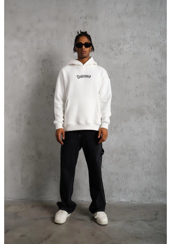 Erkek Üç İplik Baskılı Kapüşonlu Sweat - Beyaz