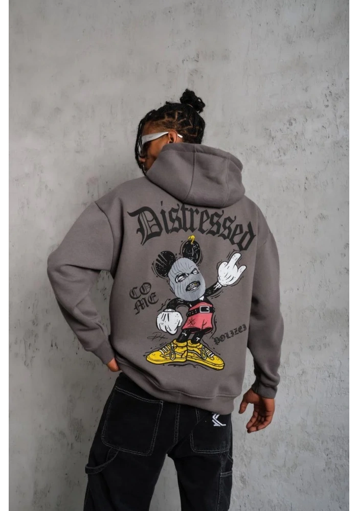 Erkek Üç İplik Baskılı Kapüşonlu Sweat - Gri