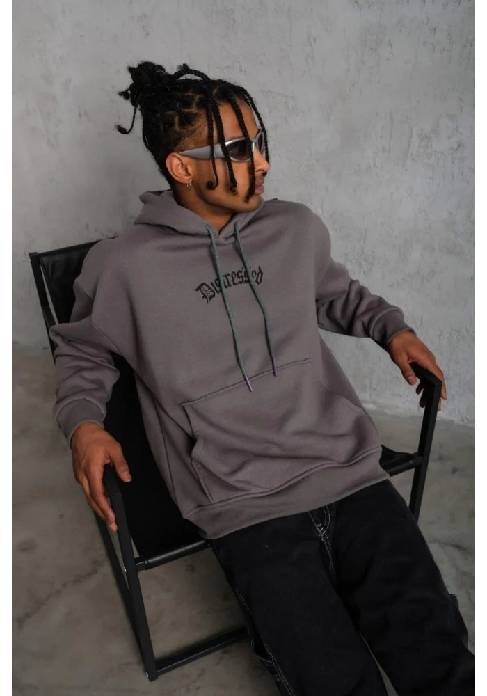 Erkek 3 İplik Pamuklu Kapüşonlu Kanguru Cepli Sweatshirt Hoodie -  Gri