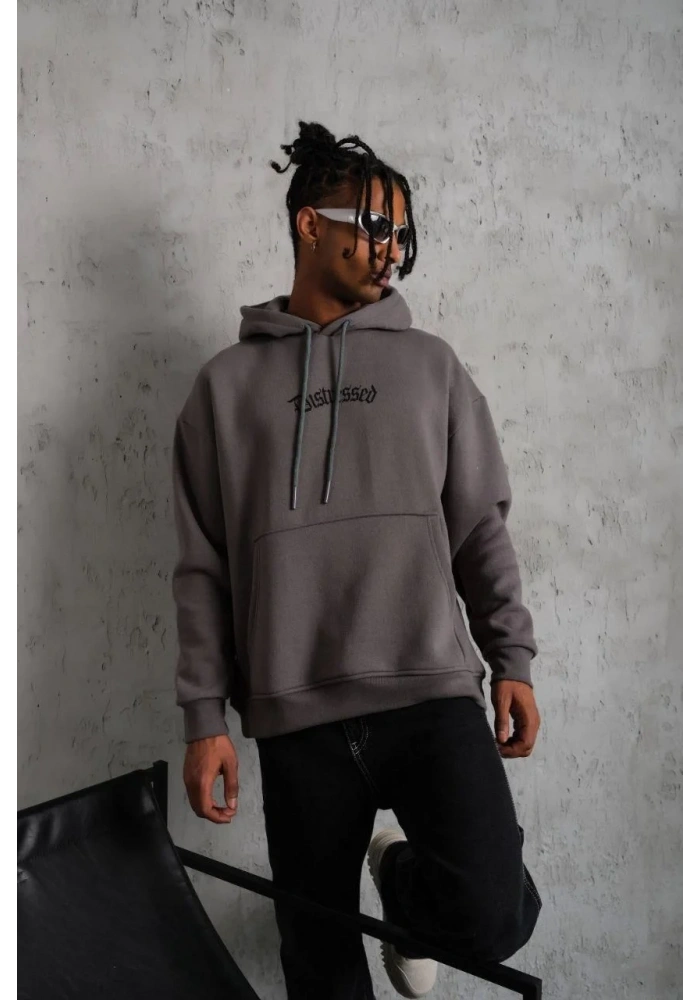 Erkek 3 İplik Pamuklu Kapüşonlu Kanguru Cepli Sweatshirt Hoodie -  Gri
