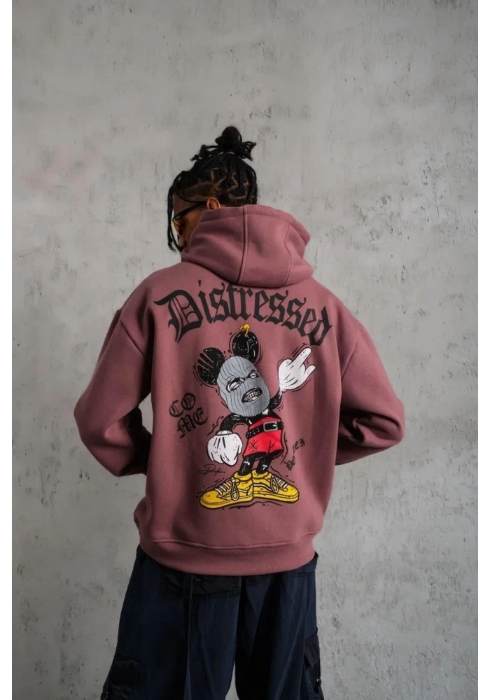 Erkek 3 İplik Pamuklu Kapüşonlu Kanguru Cepli Sweatshirt Hoodie - Gül Kurusu