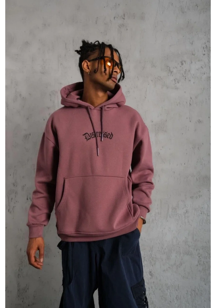 Erkek 3 İplik Pamuklu Kapüşonlu Kanguru Cepli Sweatshirt Hoodie - Gül Kurusu