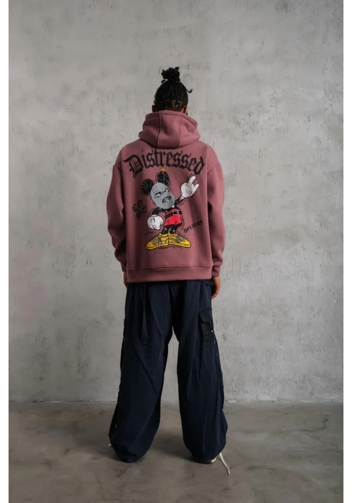 Erkek 3 İplik Pamuklu Kapüşonlu Kanguru Cepli Sweatshirt Hoodie - Gül Kurusu