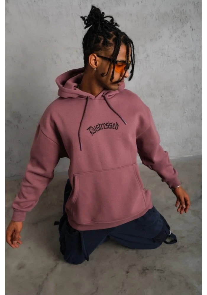 Erkek 3 İplik Pamuklu Kapüşonlu Kanguru Cepli Sweatshirt Hoodie - Gül Kurusu