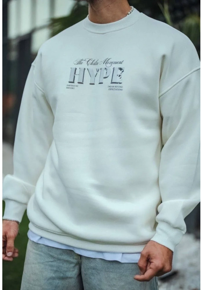 Erkek 3 İplik Pamuklu Bisiklet Yaka Baskılı SweatShirt - Beyaz