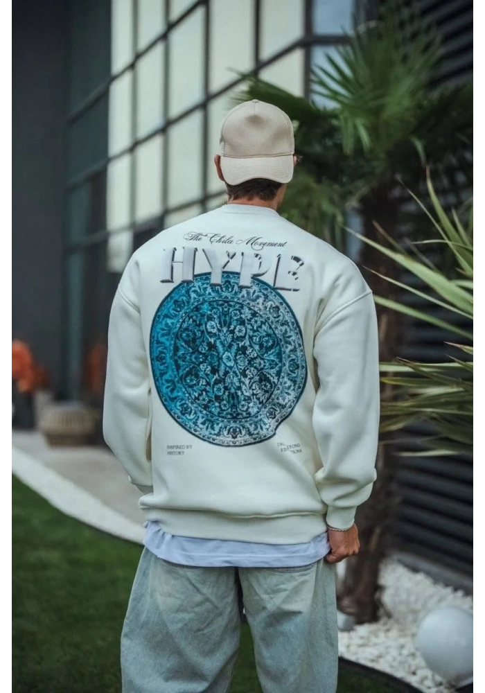 Erkek 3 İplik Pamuklu Bisiklet Yaka Baskılı SweatShirt - Beyaz