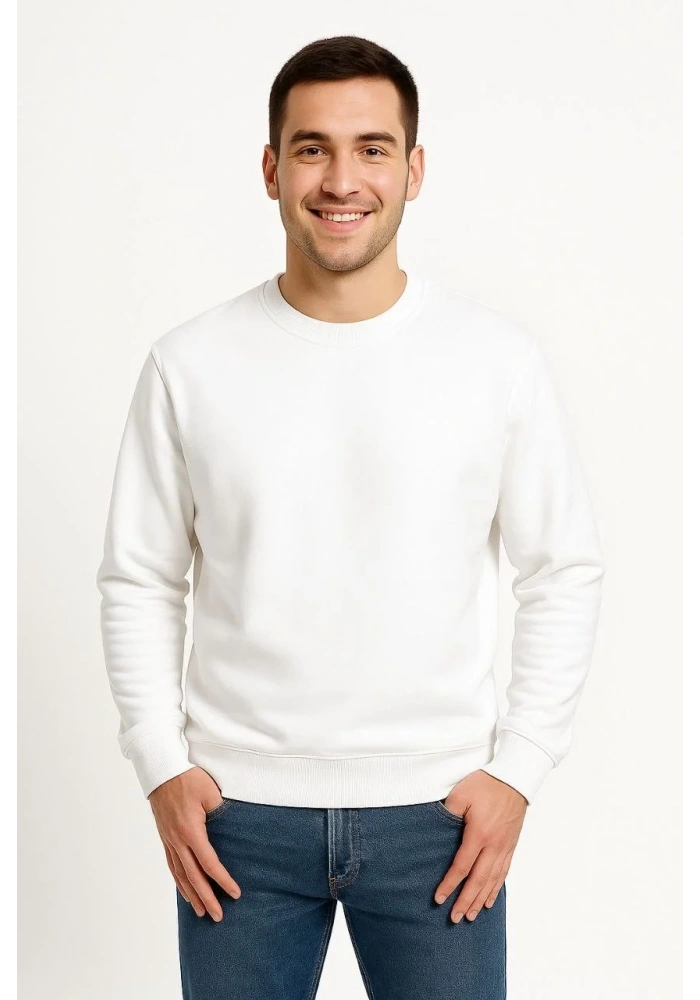 Erkek 3 İplik Pamuklu Düz Bisiklet Yaka SweatShirt - Beyaz