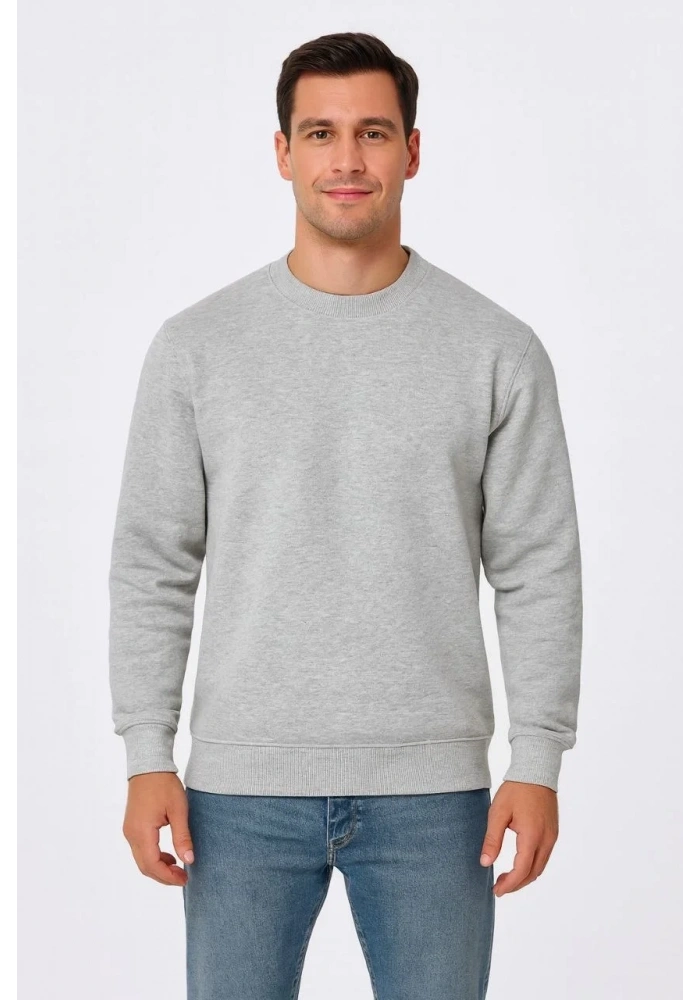 Erkek 3 İplik Pamuklu Düz Bisiklet Yaka SweatShirt - Gri