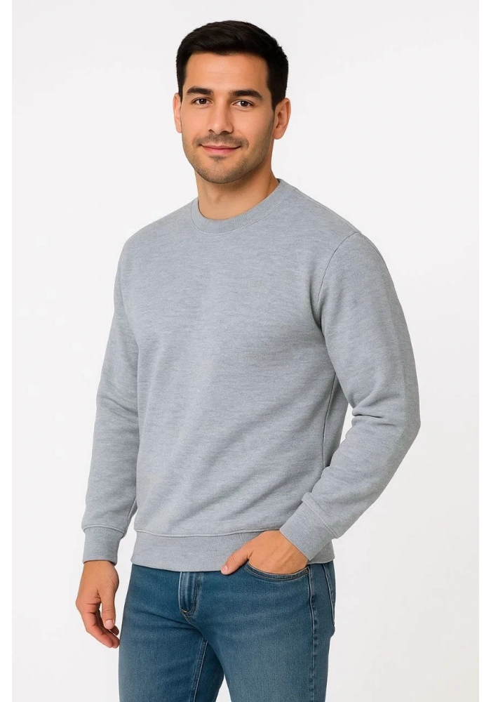 Erkek Üç İplik Düz Bisiklet Yaka SweatShirt - Gri