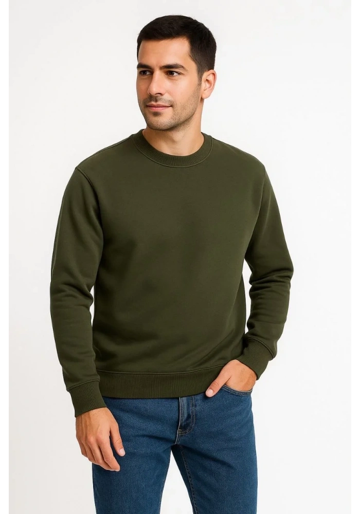 Erkek Üç İplik Düz Bisiklet Yaka SweatShirt - Haki