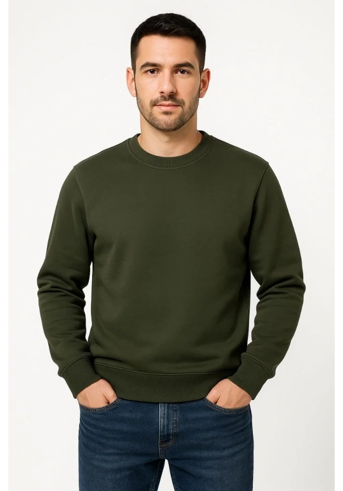 Erkek Üç İplik Düz Bisiklet Yaka SweatShirt - Haki