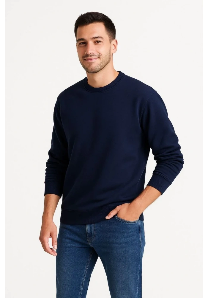 Erkek Üç İplik Düz Bisiklet Yaka SweatShirt - Lacivert