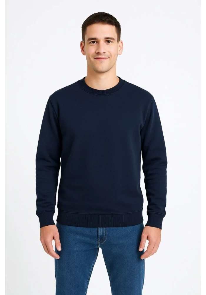 Erkek 3 İplik Pamuklu Düz Bisiklet Yaka SweatShirt - Lacivert