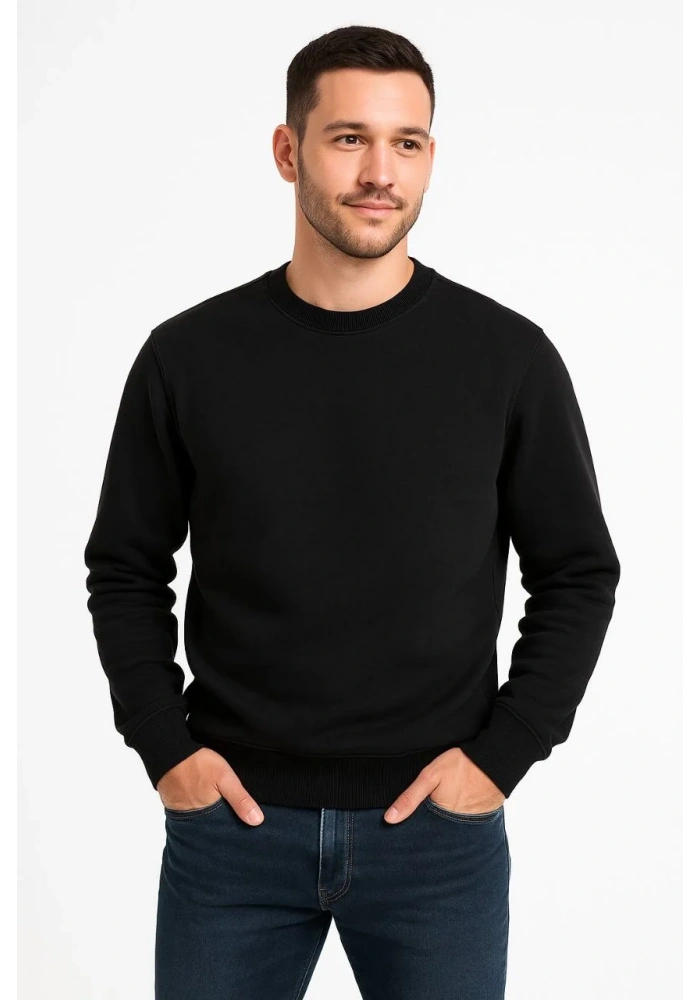 Erkek Üç İplik Düz Bisiklet Yaka SweatShirt - Siyah