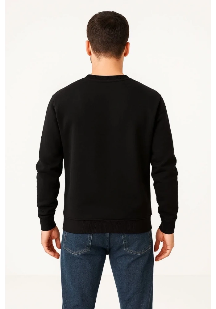 Erkek 3 İplik Pamuklu Düz Bisiklet Yaka SweatShirt - Siyah