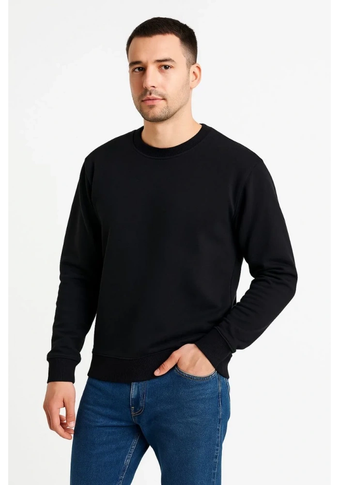 Erkek Üç İplik Düz Bisiklet Yaka SweatShirt - Siyah