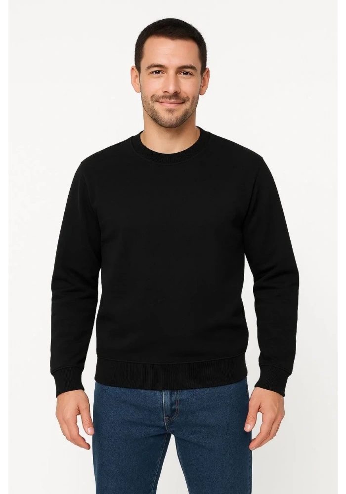 Erkek 3 İplik Pamuklu Düz Bisiklet Yaka SweatShirt - Siyah