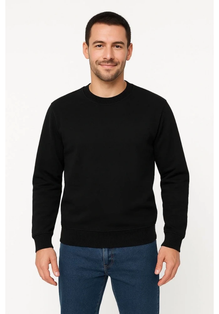 Erkek Üç İplik Düz Bisiklet Yaka SweatShirt - Siyah