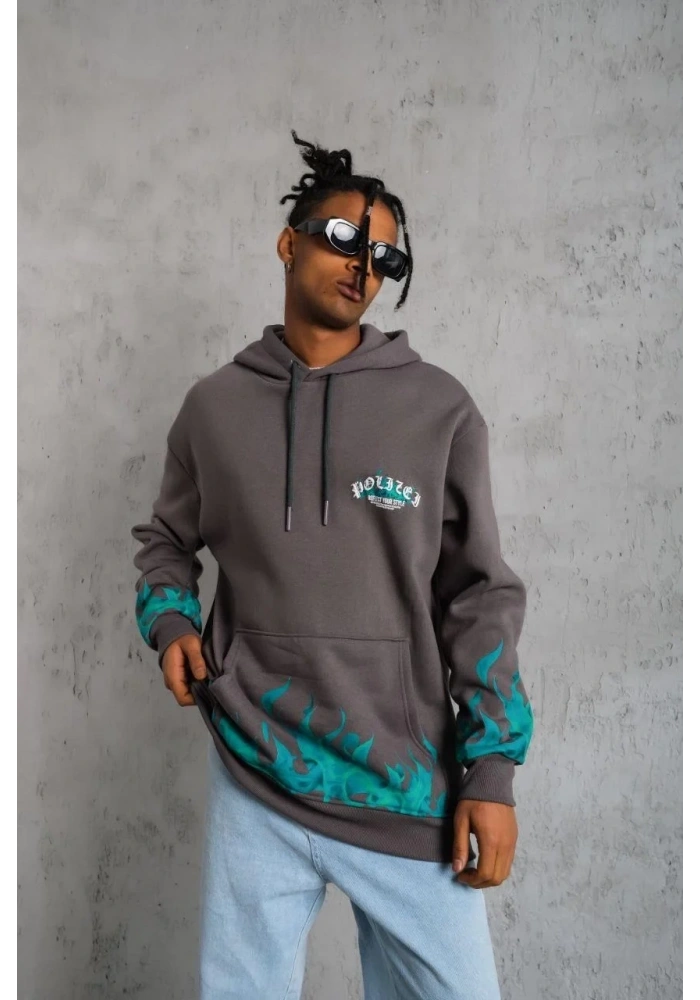 Erkek Üç İplik İçi Pamuklu Alev Baskılı Kapüşonlu Sweatshirt - Gri